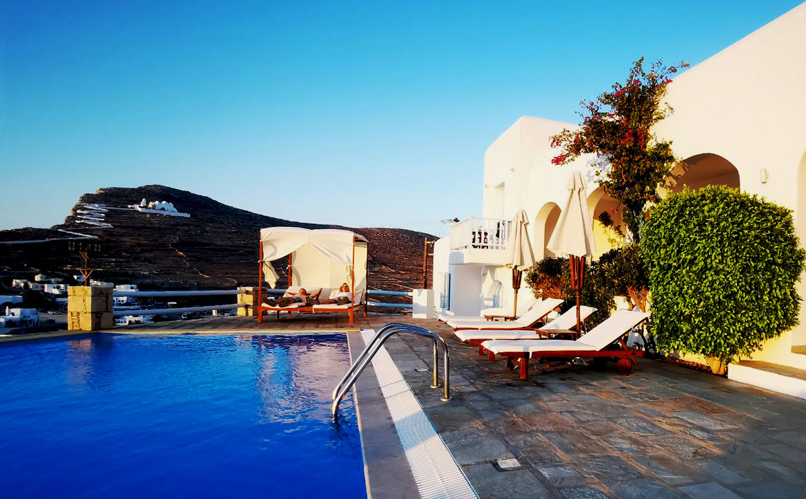 The swimming pool of the Solaris Hotel in Folegandros island, Cyclades, Greece